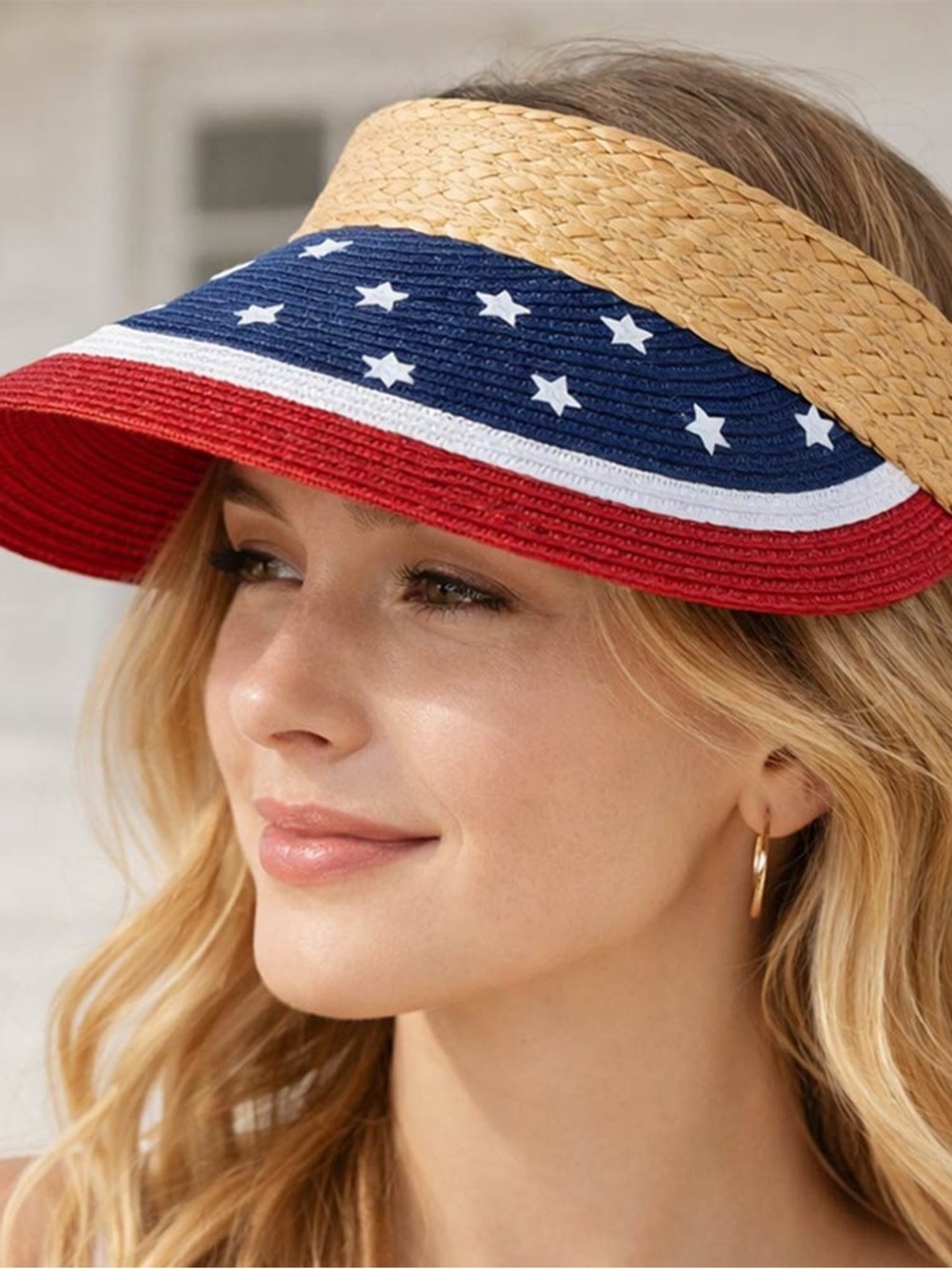 Women’s Straw Visor with American Flag Pattern - Red, White & Blue
